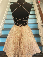 Short Champagne Backless Lace Prom Dresses, Short Lace Formal Graduation Homecoming Dresses